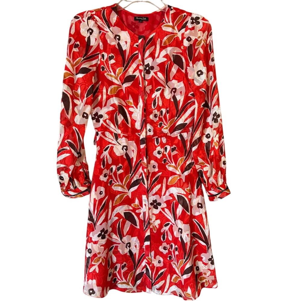 Massimo Dutti Womens Size 2 Red Floral Print Long Sleeve Mini Dress